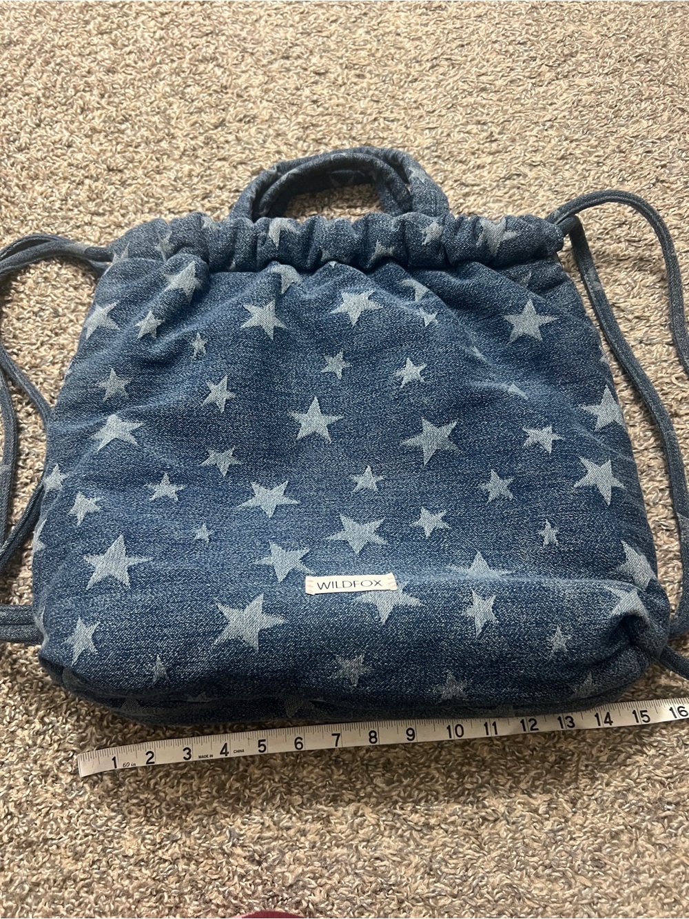 Wildfox Blue Star-Print Denim Drawstring Summer‎ bag Backpack - Picture 7 of 9